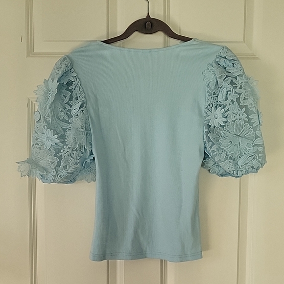 Dolan Anthropologie Lace Puff Sleeve Ribbed Knit Top Light Blue Women’s Small - Picture 3 of 11